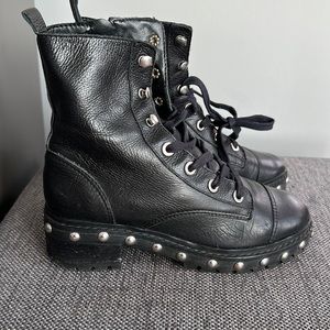SCHUTZ BLACK ANDREA COMBAT BOOT WITH LUG SOLE & METAL STUDS- SIZE 7